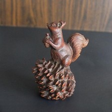 Hand Carved Vintage Wooden Squirrel on Pinecone Woodland Animals Statue Figur...