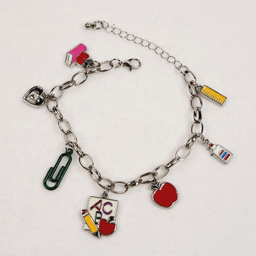 Silver Tone Teacher Fashion Jewelry Charm Bracelet School Books Apple Math Art