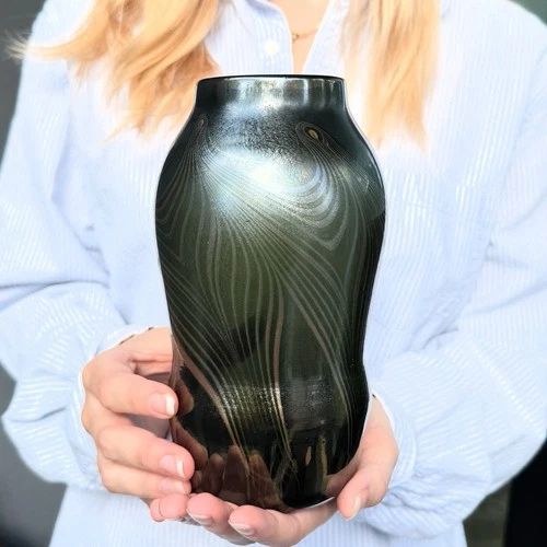 RARE ! Tiffany Studios Favrile Early Experimental Vase metallic pulled feather 8