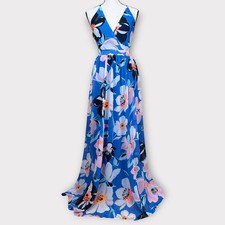 Express Halter Neck Maxi Dress Blue Floral Print Open Back Chiffon Women's Small