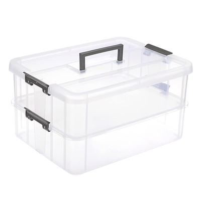 2-Tiers Stack Carry Storage Box With Handle, Transparent Stackable Storage Bi...