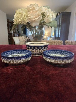 3 - Polish Pottery Soup Cereal Bowls Boleslawiec Unikat Mixed Patterns Blues VGC