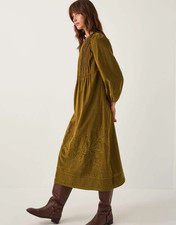 Monsoon Joyce Corduroy Midi Dress Size 16 Pintuck Embroidered Olive Khaki