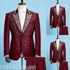 Rhinestone Crystal Men Suit Wedding Groom Prom Crystal Studded Blazers Pant