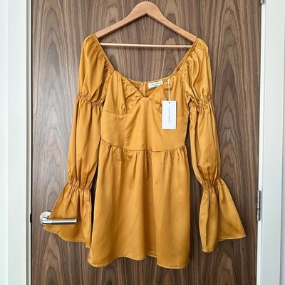Ei8th Hour Yellow Orange Corset Waist Satin Balloon Sleeve Mini Dress 8 NEW £42