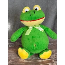 Green Plush Frog Stuffed Animal Sitting Yellow Feet Bow Tie Kids Toy