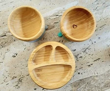 Lot Avanchy Munchkin Bamboo Plate Bowls 3 Pc classic suction Green Blue Black