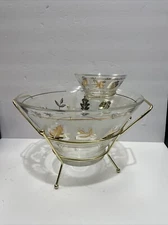MCM Libbey Glass Chip Dip Set Frosted Gold Leaves with Bracket and Cradle!