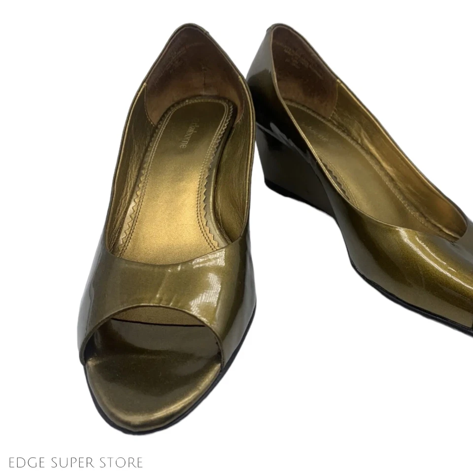 Liz Claiborne 金属金青铜棕色金色露趾楔形凉鞋高跟鞋 10 码 — 第 2/4 张图片