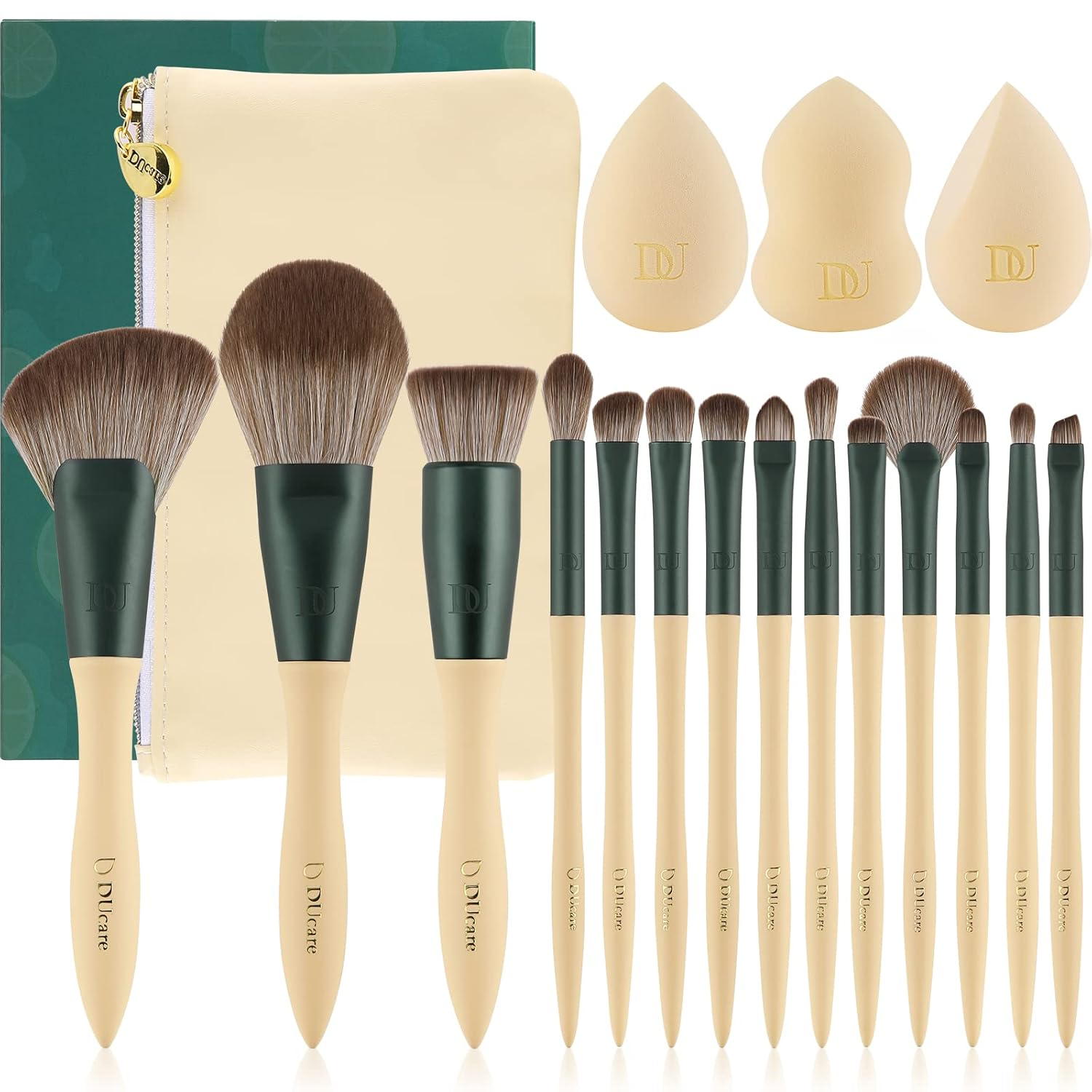 14Pcs Makeup Brush Set with 3 Sponges & Bag - Lime Mojito Style-image