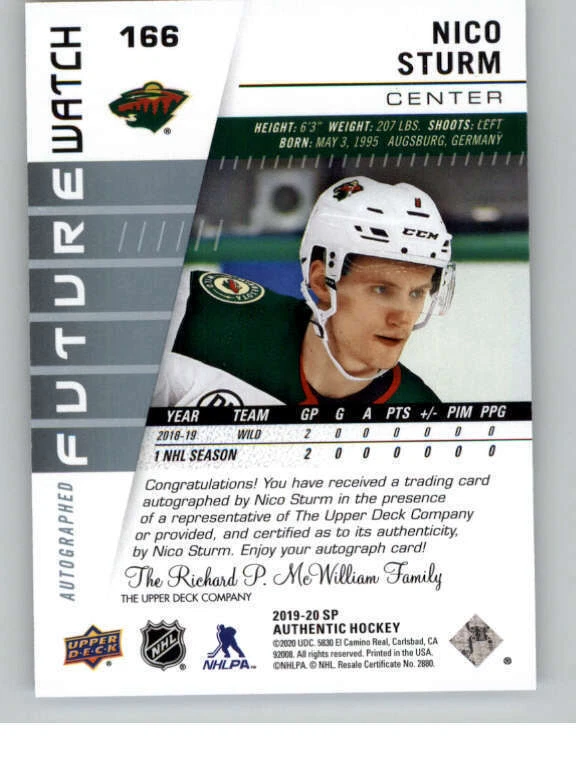 2019-20 SP Authentic Inscriptions #166 Nico Sturm/50* 999 (ref 139326) - Image 2 of 2