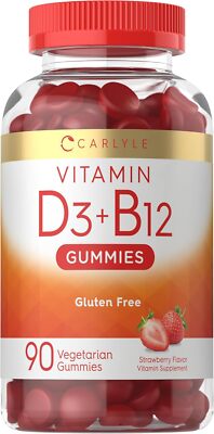 Vitamin D3 B12 Gummies | 90 Count | Vegetarian Strawberry Flavor | by Carlyle