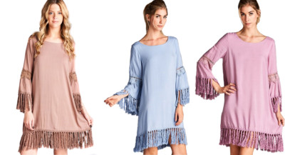 JODIFL Womens Fringe Chic Boho Long Sleeve Bohemian Casual Print Dress  S M L