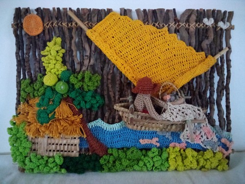 Heirlooms Pacifica 'Mangingisda' Philippines Hand Crochet Mural 13.5x10 WT - Picture 1 of 11