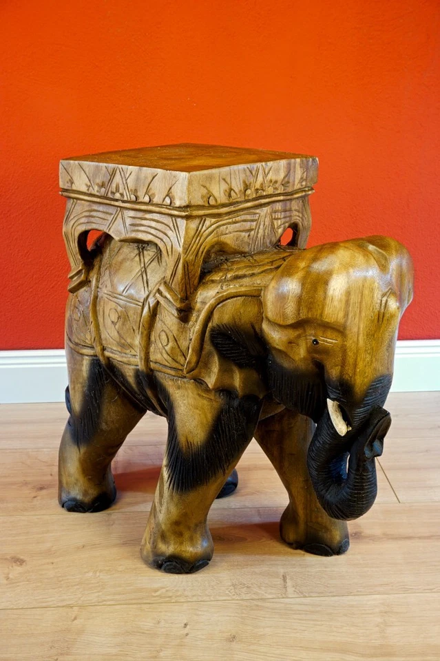 Elephant Side Table Brown Acacia Solid Wood Flower Stool Table Carving - Image 4 of 4
