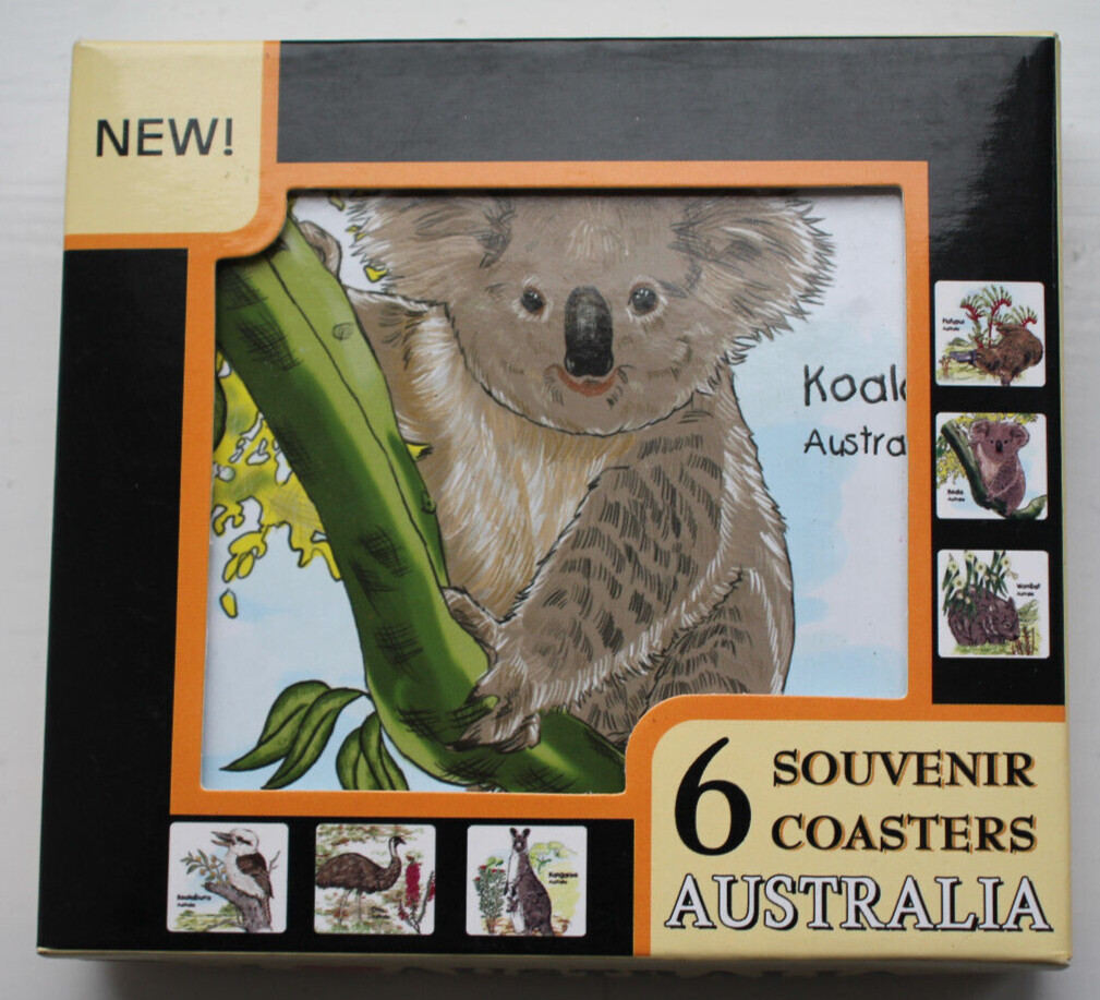 6 Australia Souvenir Wood Coasters Koala Kangaroo Wombat Emu Platypus Kookaburra