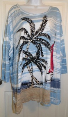 Cute Blue Tropica Print CATHERINES 3/4 Sleeve Top w/Rhinestone Trim - 5X