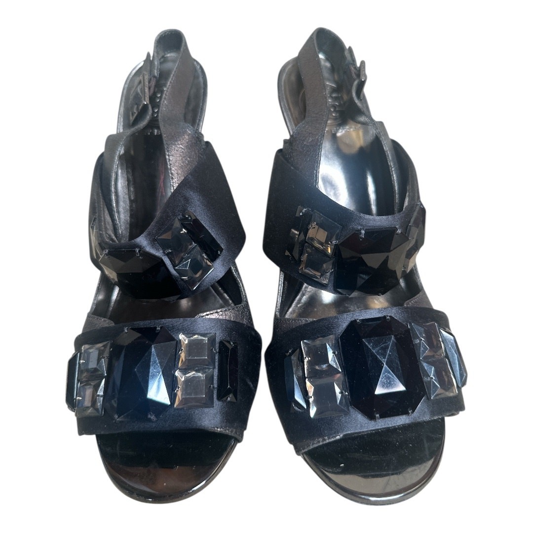 Tory Burch Dk Gray Metallic Leather Anthracite Satin Straps Heels Sandals Sz 9.5 thumbnail 2