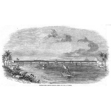 EGYPT Iron Railway Bridge Across The Nile at Benha or Banha - Antique Print 1856
