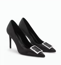 MANGO MNG Women's Rhinestone Buckle Satin High Heel Pumps Shoes size 39 US 8.5