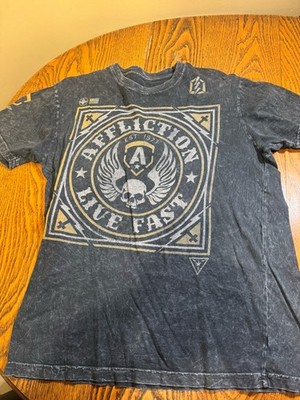 Affliction Live Fast Skull With Wings Distressed Shirt Size Large Grey Yellow