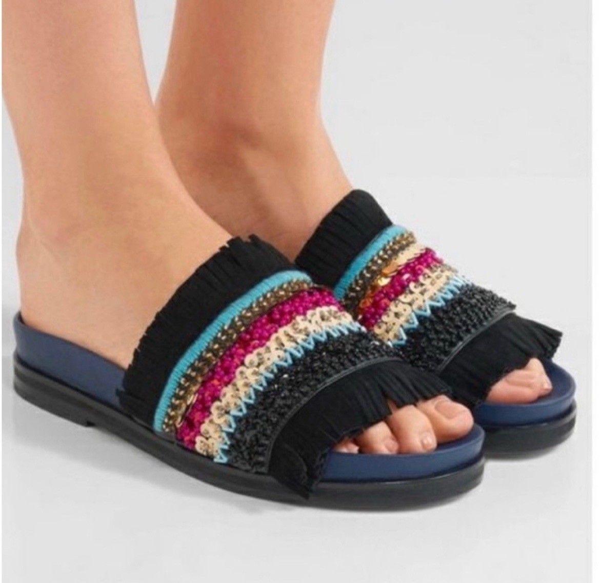 Tory Burch Isle Slides Women 8.5 Slip On Shoes Beaded Fringe Sequin Sandals thumbnail 12