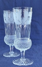 Pair Signed EDINBURGH Lead Crystal THISTLE Cut Glass Champagne Flutes - 17cm