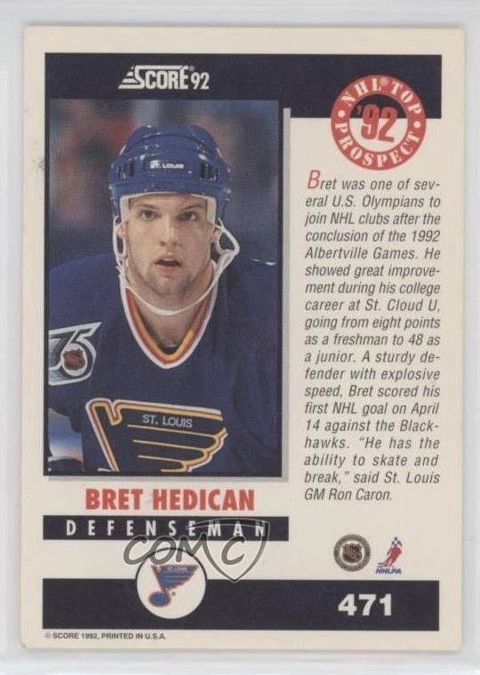 1992-93 Score Bret Hedican #471 Rookie RC - Image 2 of 2