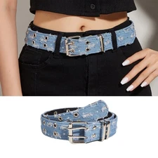 Unisex Teens Women Washed Denim Belt Adjustable Belt for Dress Skirt Coat Decors
