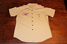Boy Scouts of America BSA Men's Shirt Tan Large Sewn Patches Short Sleeve