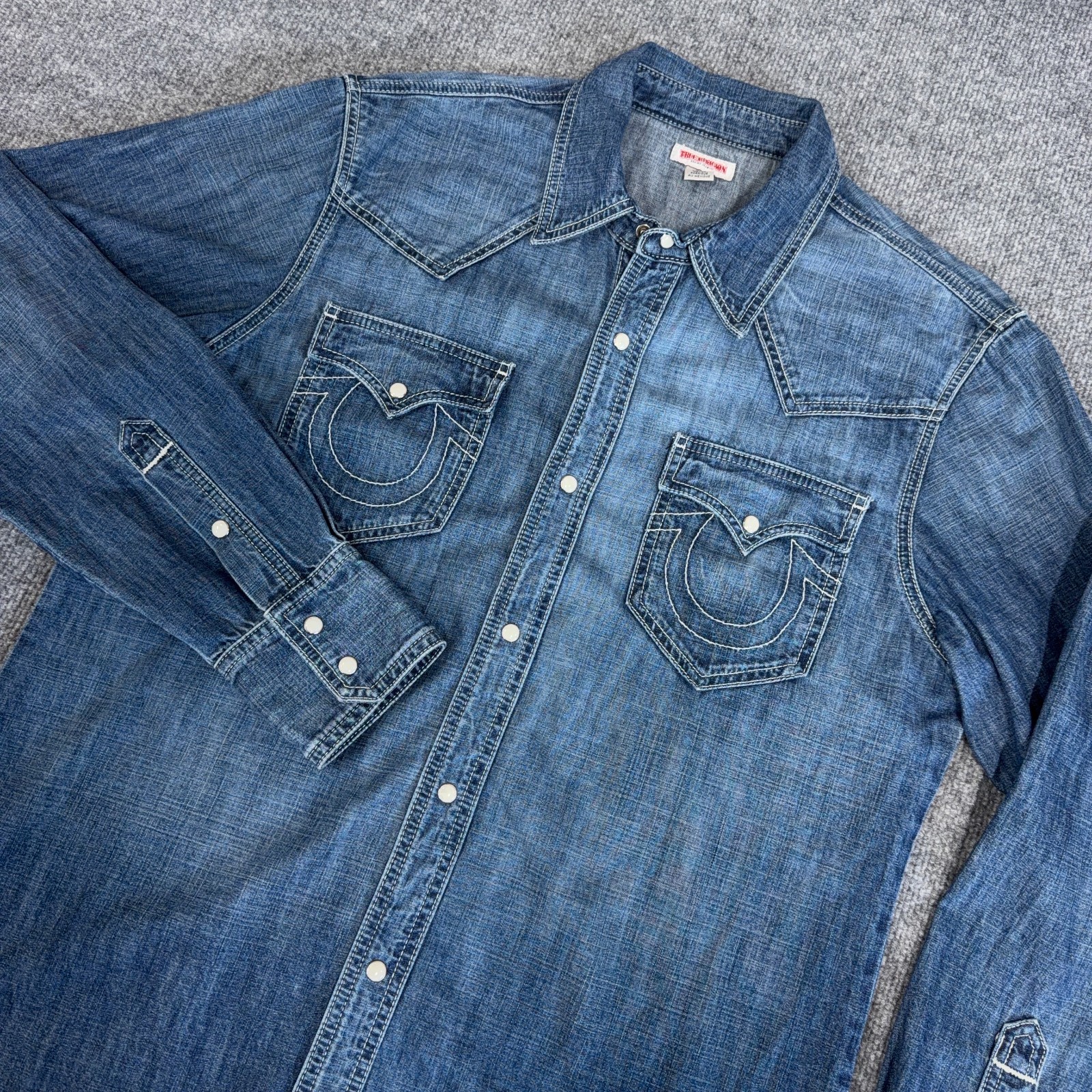True Religion Denim Shirt Men XL Blue Pearl Snap Western Flap Pocket Jean Stitch