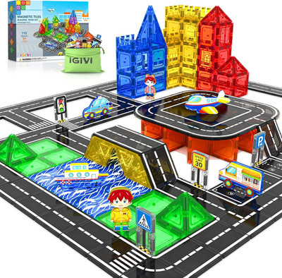 112PCS Magnetic Tiles Road Set with Vibrant Color & Ultra Magnet Strength, City 