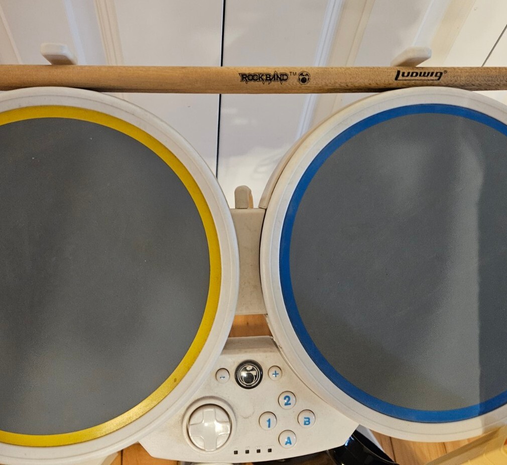 Nintendo Wii Rock Band Bundle Set Drums Guitar Dongle Game