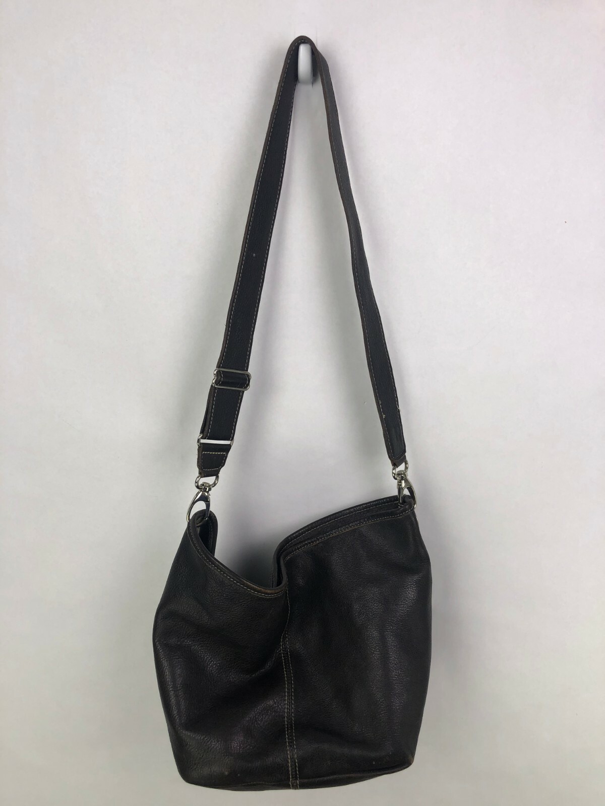 Roots Leather Bucket Bag Purse Crossbody Brown Hobo Gem