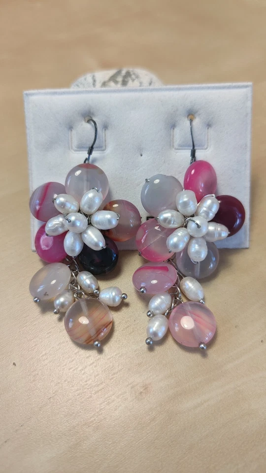 Orecchini Argento 925 Pietre Dure Agata Rosa E Perle Di Fiume - Immagine 3 di 4
