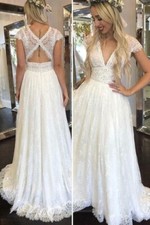 Lace Wedding Dresses for Bride Long A Line V Neck Cap Sleeves Lace Bridal Gowns