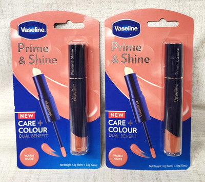 2 x Vaseline Prime & Shine 2-in-1 Lip Balm Primer & Colored Gloss Duo WARM NUDE