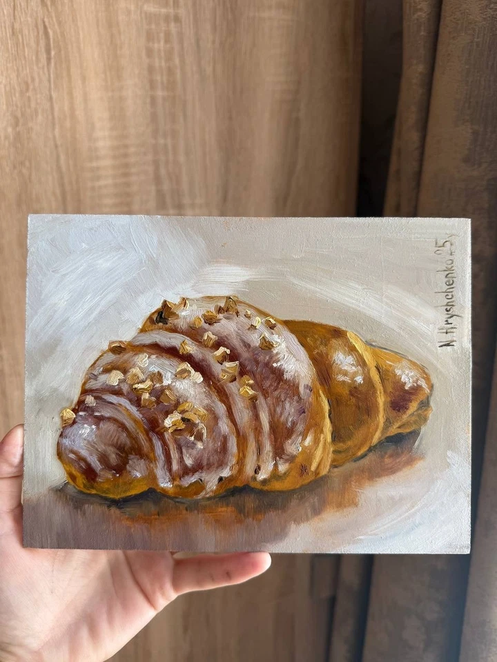 Croissant Original Oil Painting STILL LIFE KITCHEN Food Collectible Art 6x8 inch - image 4 of 4