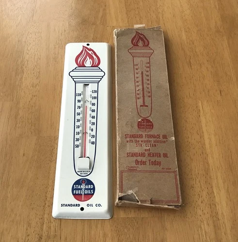 VTG 1959 Standard Oil Advertising Thermometer Standard Flame Fuel Oil W/ Box Tin