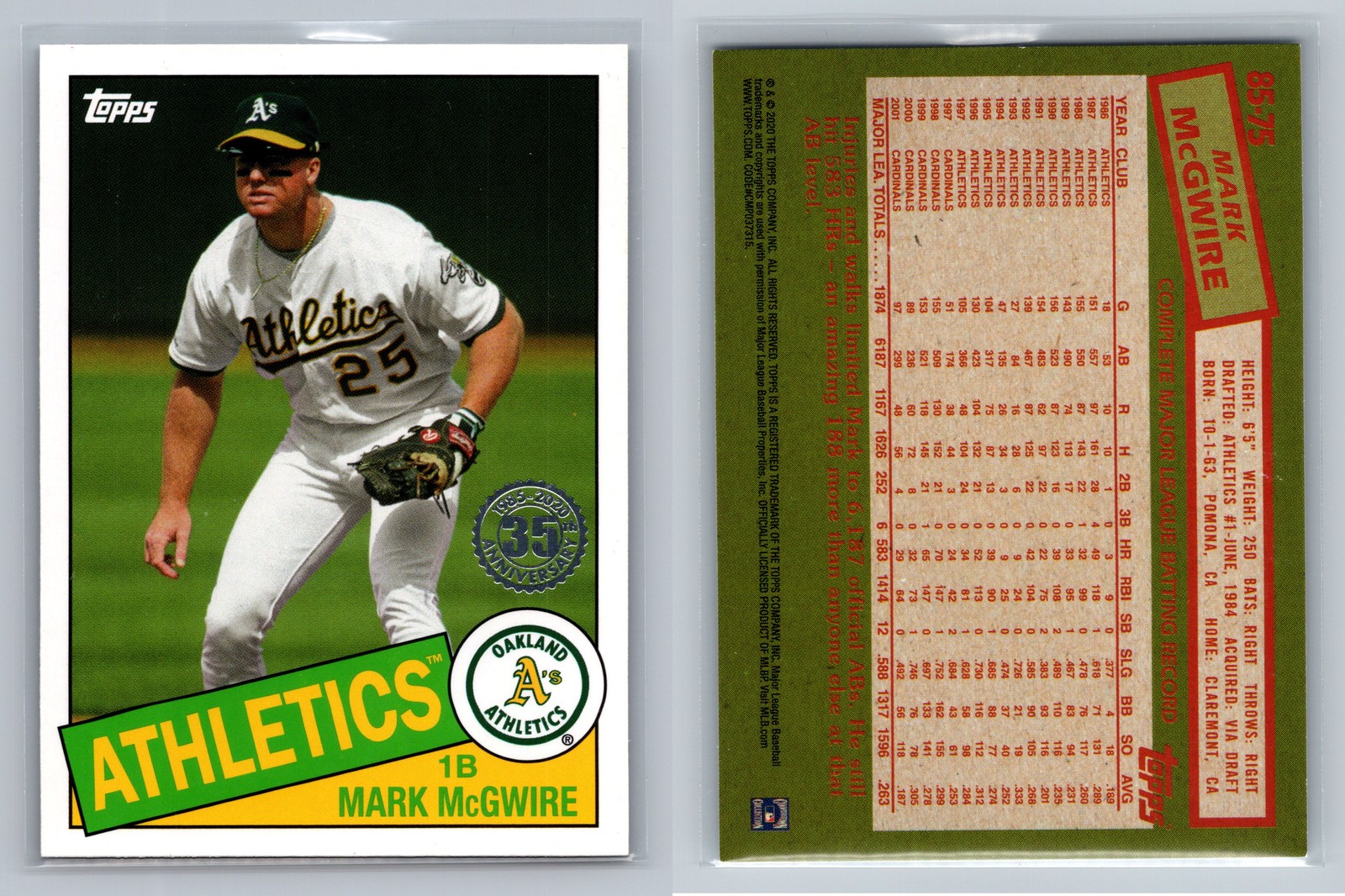 Mark McGwire #85-75 Baseball Cards 2020 Topps 1985 35th Anniversary trading card — raw and PSA graded price guide