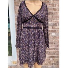 Long Sleeve Black & Multi Color Black Lace Trim Goth Boho Mini Babydoll Dress