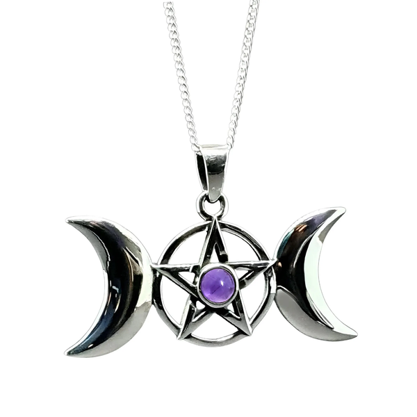 Dreifacher Mond Pentagramm AnhäNger Amethyst Sterlingsilber Wicca Heidnisch...-image