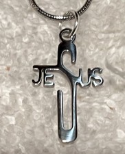Stainless Steel "Jesus" Cross Charm w/Sterling SilverSnake 18in chain Necklace
