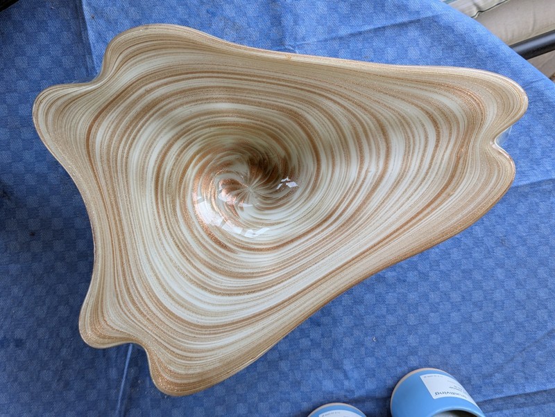 Vtg Murano style Italy Art Glass Centerpiece Footed Bowl Mocha Gold Swirl MCM Lg
