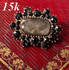 15k Georgian to Victorian Era Mourning Jewelry, Facet Cut Jet Gems or Onyx, Hair