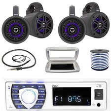 Pyle Single-DIN Marine MP3 Receiver W/Cover, 4x 4" Wakeboard LED Tower Speakers