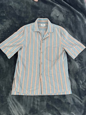 Acne Studios Short Sleeve Shirt Vertical Striped Blue Tan Camp Collar 48 Medium