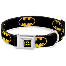 Dog Collar Seatbelt Buckle Batman Shield Black Yellow 16 to 23 Inches 1.5 Inc...