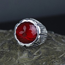 925 Silver Men Handmade Round Ruby Stone Ring, Red Gemstone Men Ring