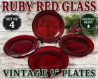 Vintage Ruby Red Glass Plates Set 4 9” Dessert Salad Anchor Hocking Style